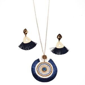 Boho Blue Fringe Tassel Necklace & Earrings Set